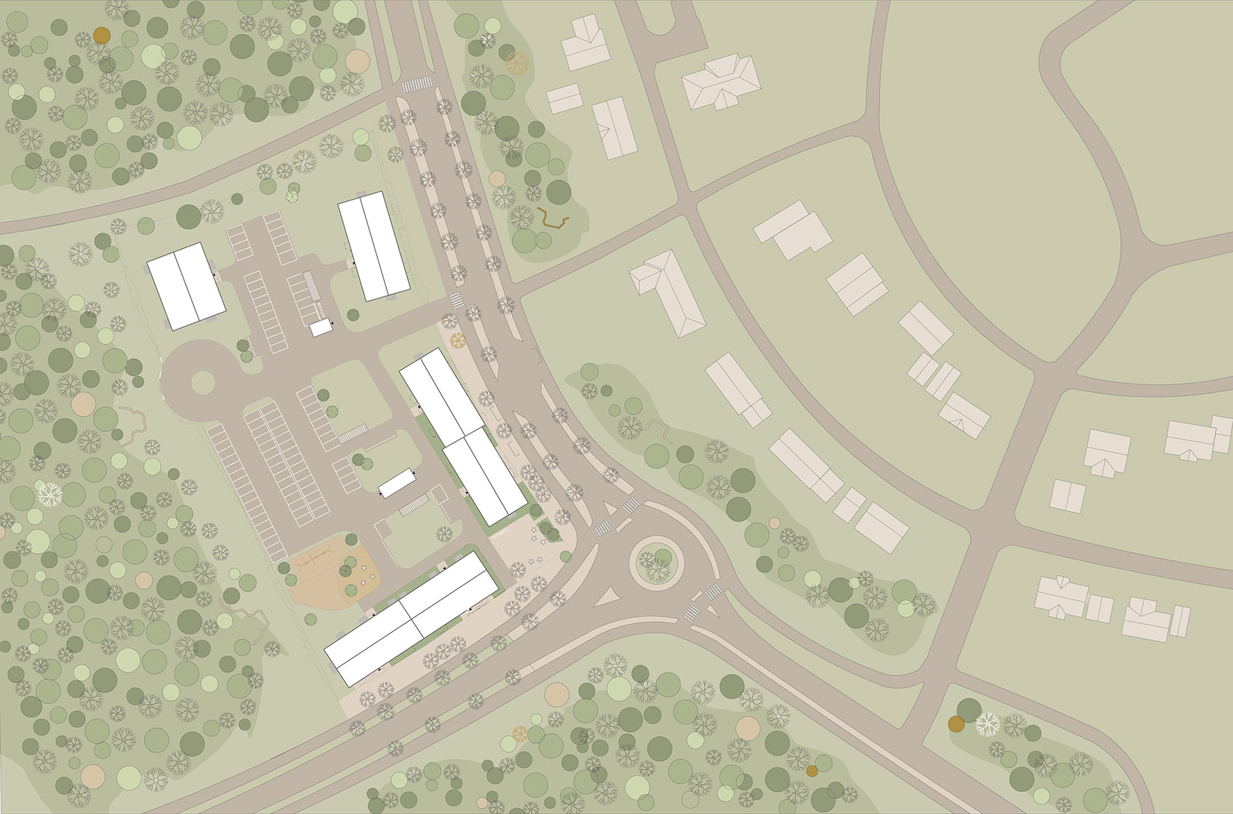 Visionsskiss för området längs Kronanvägen. Illustration Nordmark & Nordmark.