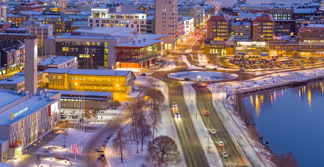 Vy över Norra Hamn i Luleå och kvarteret Bävern (gamla brandstationen) som ligger söder om Luleå Energi Arena