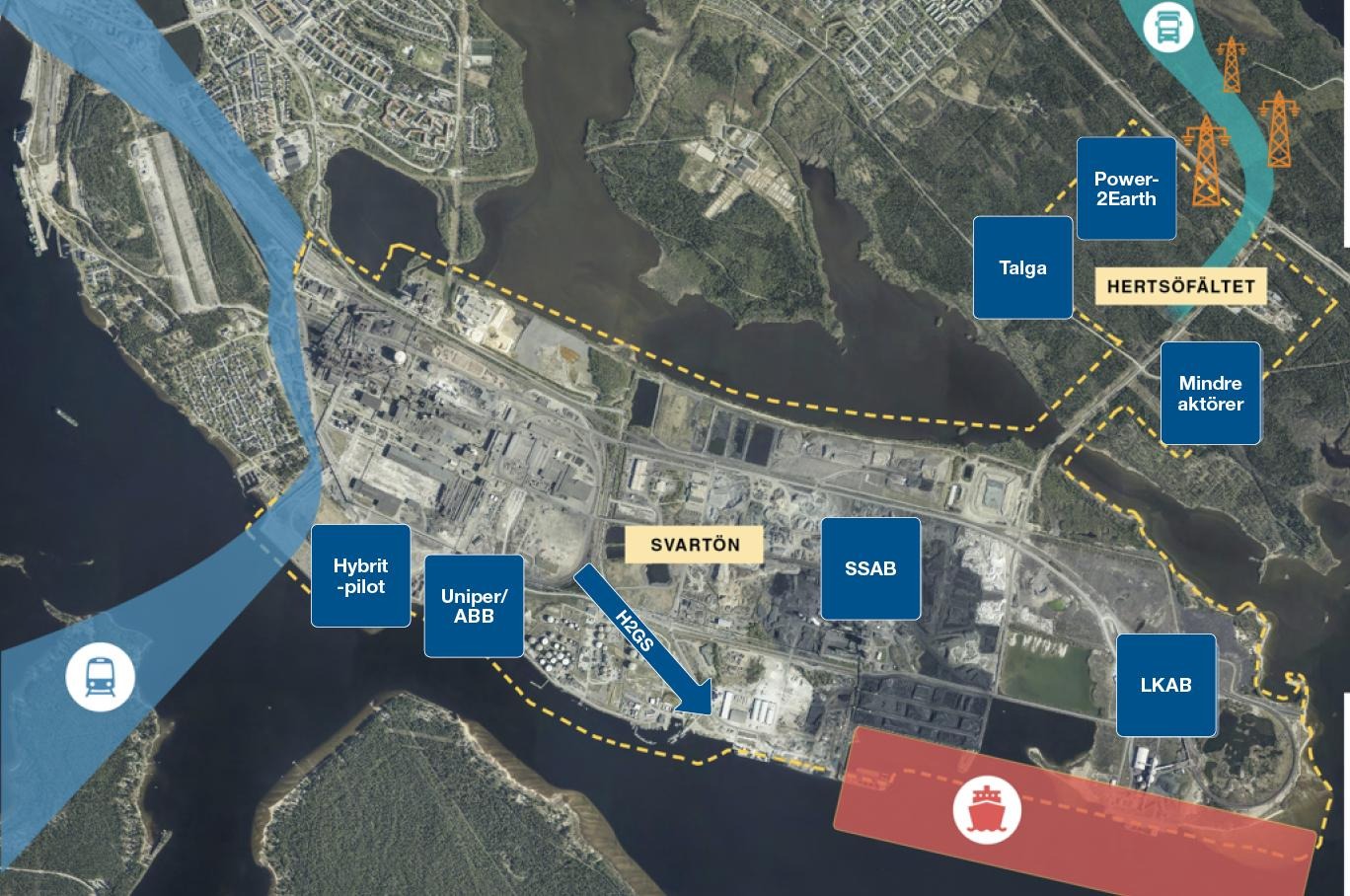 Karta över Luleå Industripark som visar platsen för etableringarna. På Svartön: Hybrit - pilot, Uniper/ABB, H2GS, SSAB, LKAB och hamnen. På Hertsöfältet: Talga, Power2Earth och mindre aktörer.