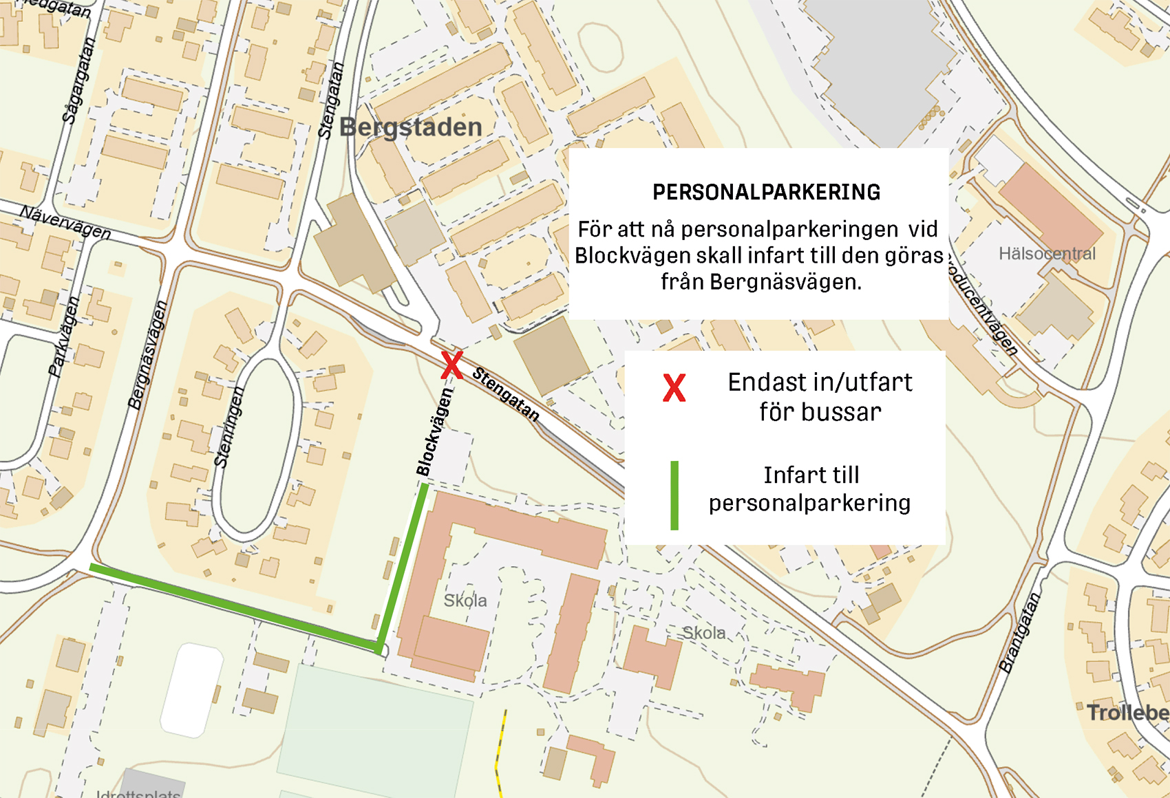 Här ses information för personal som använder personalparkeringen vid Blockvägen på Bergnäset.