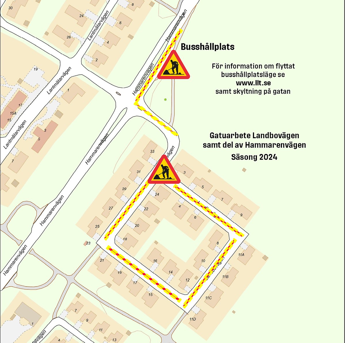 Här på kartan ses området för vårt arbete längs Landbovägen och delar av Hammarenvägen under säsongen 2024