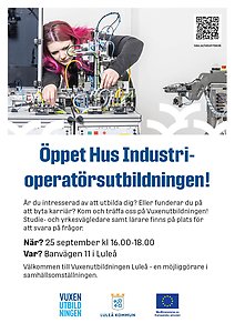 Inbjudan till Öppethus på industrioperatörsutbildningen den 25 september  kl 16:00-18:00.