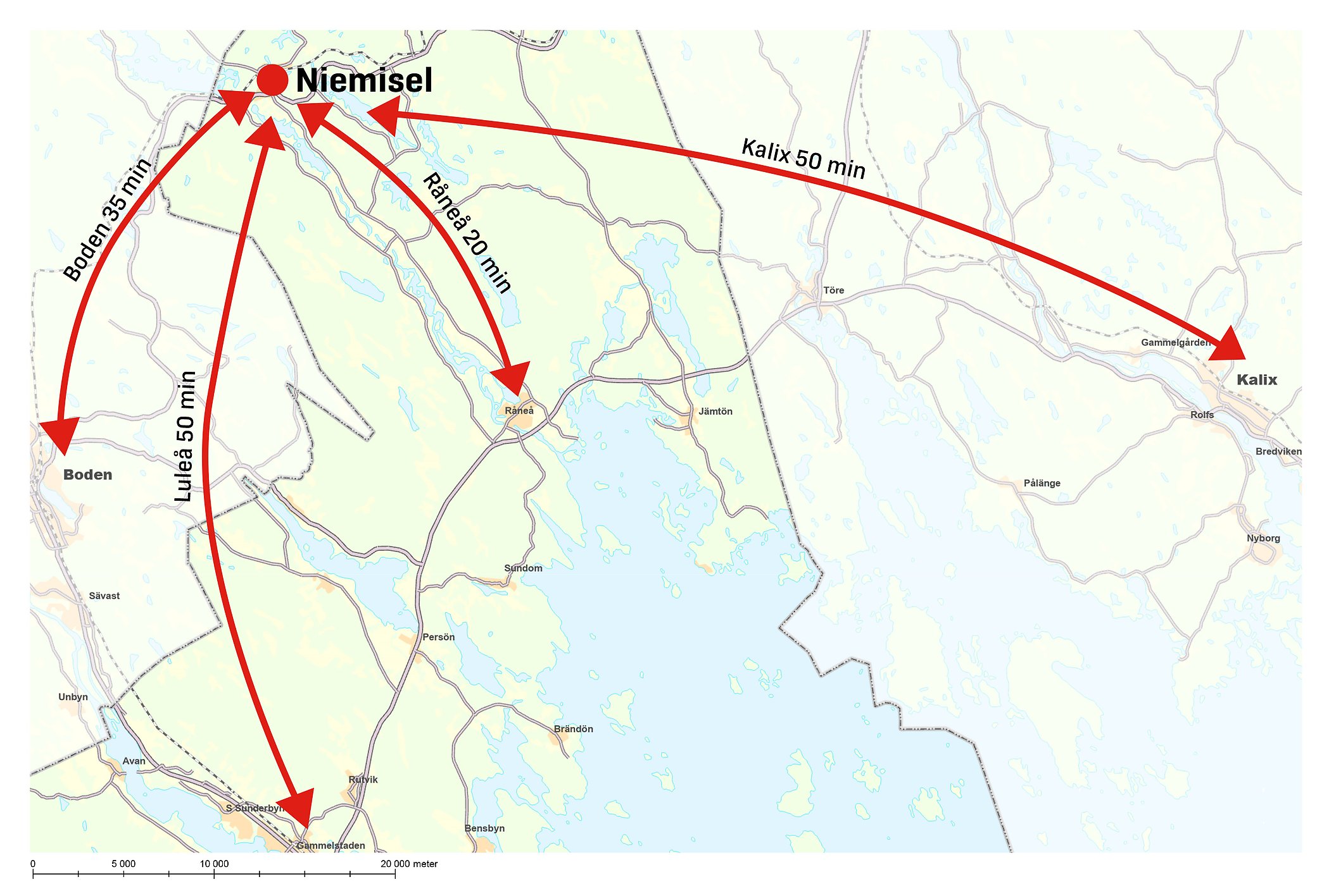 Karta som visar pendlingsavstånd till Boden, Luleå, Råneå och Kalix.